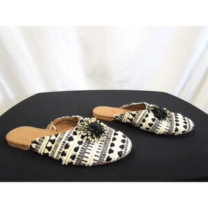 Anthropologie Black Gold Tweed Pompom Slide Mules Shoes Women Sz 7